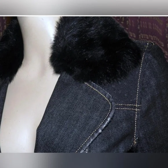 BEBE Dark Denim gray Jean Rabbit Fur Collar Suit Coat Blazer Holiday Jacket S - Picture 6 of 10
